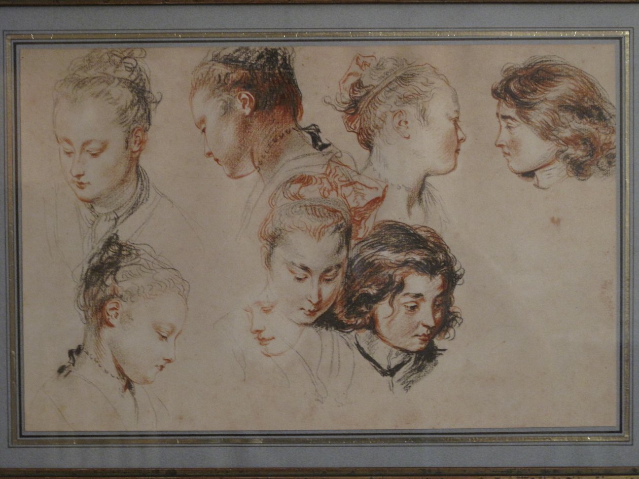 Skitsetegninger med unge damehoveder af Jean Antoine Watteau