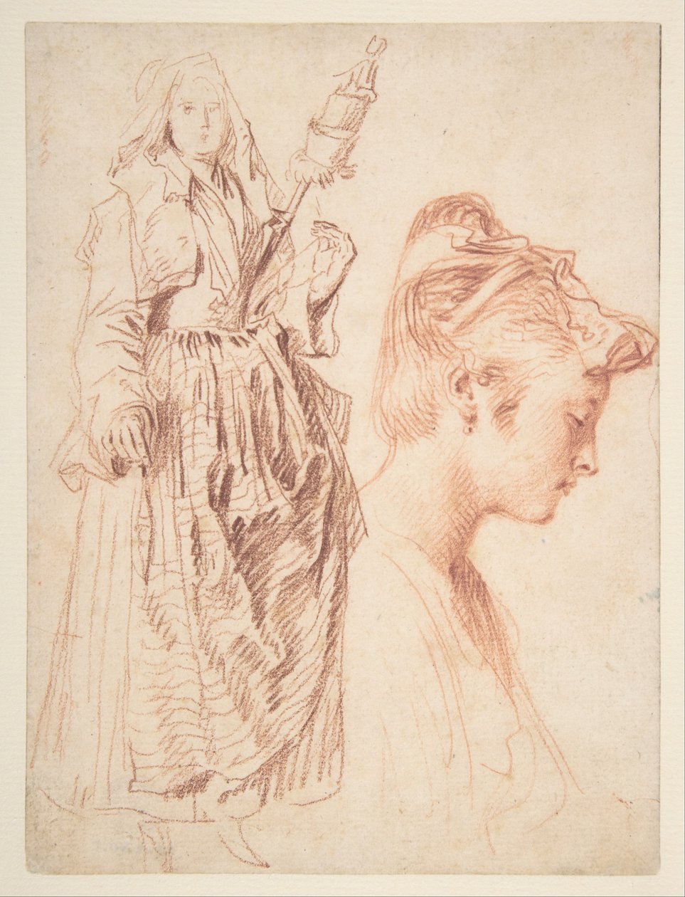 Stående kvinde holder en spindel og leder af en kvinde i profil til højre af Jean Antoine Watteau