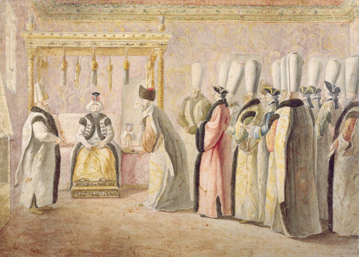 Afskedspublikum af den franske ambassadør Charles Gravier (1717-87), Comte de Vergennes, med sultanen Mustafa III (1717-74) i Konstantinopel den 17. december 1768 af Antoine de Favray