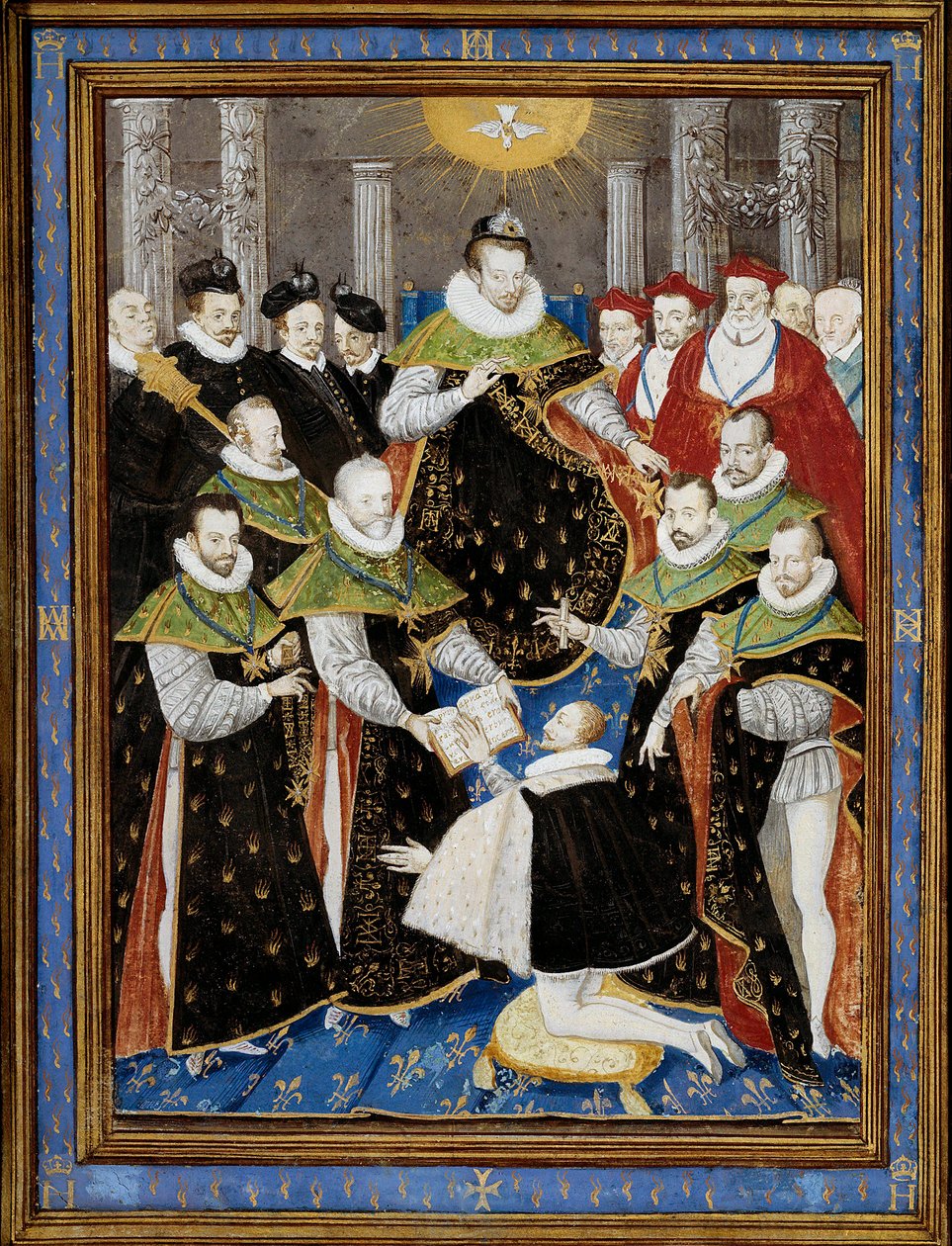 Kong Henrik III (1551-1589) præsiderer over den første ceremoni af Helligåndsordenen (Helligåndsordenen) i 1587 Miniature af William Richardiere (1500-tallet) efter Antoine Caron (1521-1599) 1587 Chantilly, Musee Conde - Kong Henrik III (15 af Antoine (after) Caron
