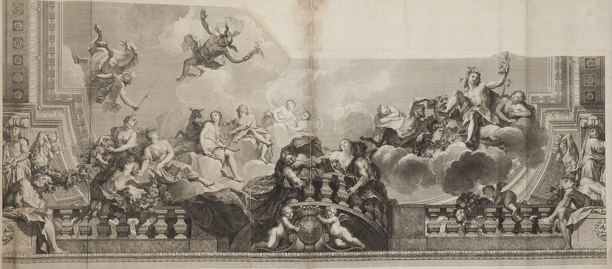 Design af Center Panel of Ceiling af Grand Gallery of Palais Royal, indgraveret af Nicolas Henri Tardieu (1674-1749) af Antoine (after) Coypel