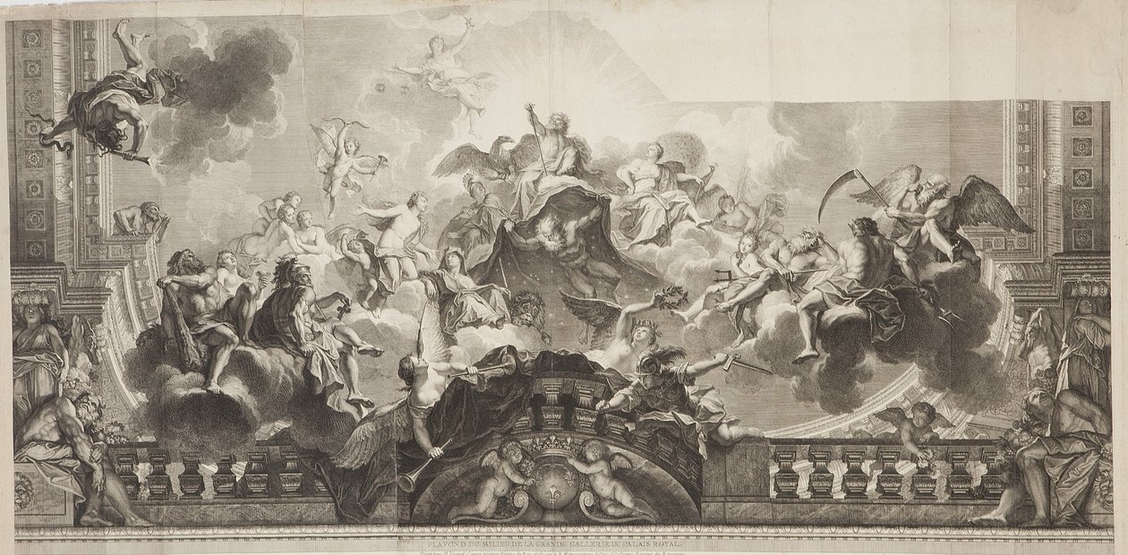 Design af Center Panel of Ceiling af Grand Gallery of the Palais Royal, indgraveret af Nicolas Henri Tardieu (1674-1749) af Antoine (after) Coypel