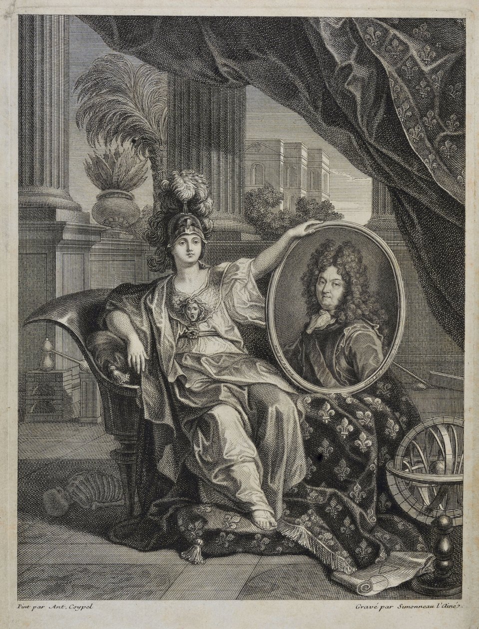 Ludvig XIV, konge af Frankrig, videnskabens beskytter - gravering af Antoine Coypel Historien om Det Kongelige Videnskabsakademi, år 1703 af Antoine (after) Coypel