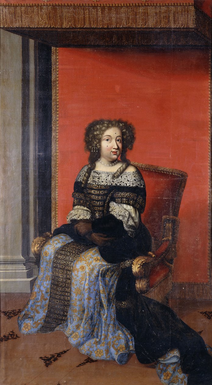 Portræt af dronning Maria Theresa, siddende i fuld længde, i en juvelbesat sort overdel med blondekrave og en blå og guld nederdel, på en trone (olie på lærred, uforet) af Antoine (after) Dieu