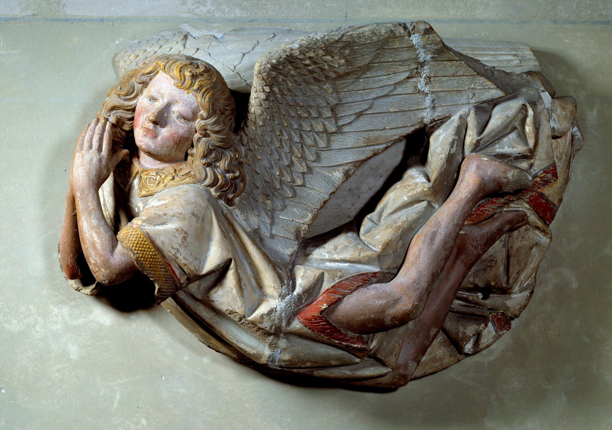 Flying Angel Relief i polykrom kalksten tilskrives Antoine the Moiturier (1425-1495) og beregnet til "The Mise au tombeau tilbudt af Jaquotin Ogier og hans kone Pernette". fra Chapelles des Carmes i Semur i Auxois. 1490 ca. Sol. 0,57x0,4 af Antoine (attr. to) Le Moiturier