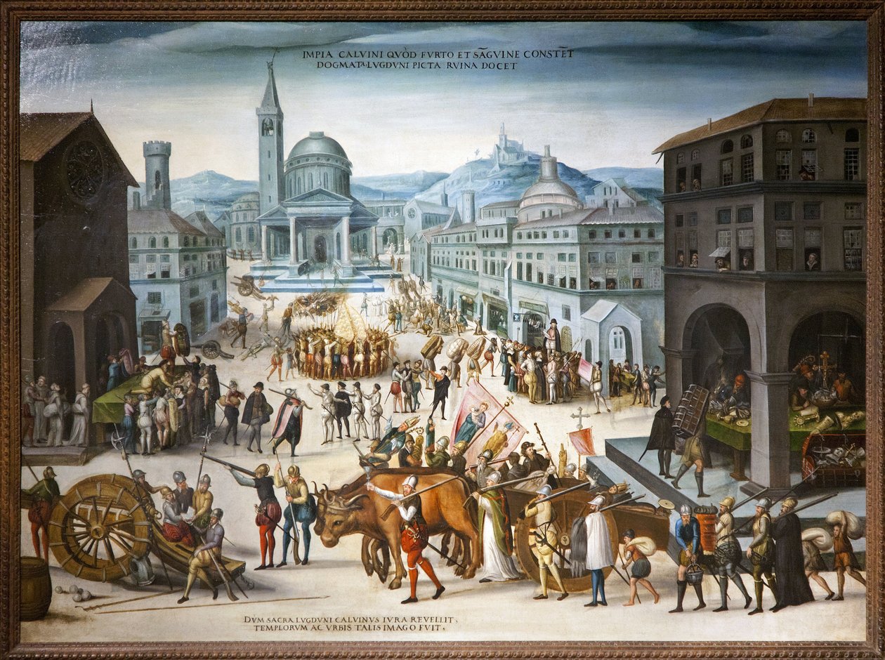 Sac de Lyon af calvinisterne i 1562. Protestantiske ikonoklastiske handlinger mod dyrkelsen af religiøse billeder af den katolske kirke. Under den første religionskrig indtog reformer ledet af Baron des Adrets rådhuset og de vitale centre i byen Lyon af Antoine (school of) Caron