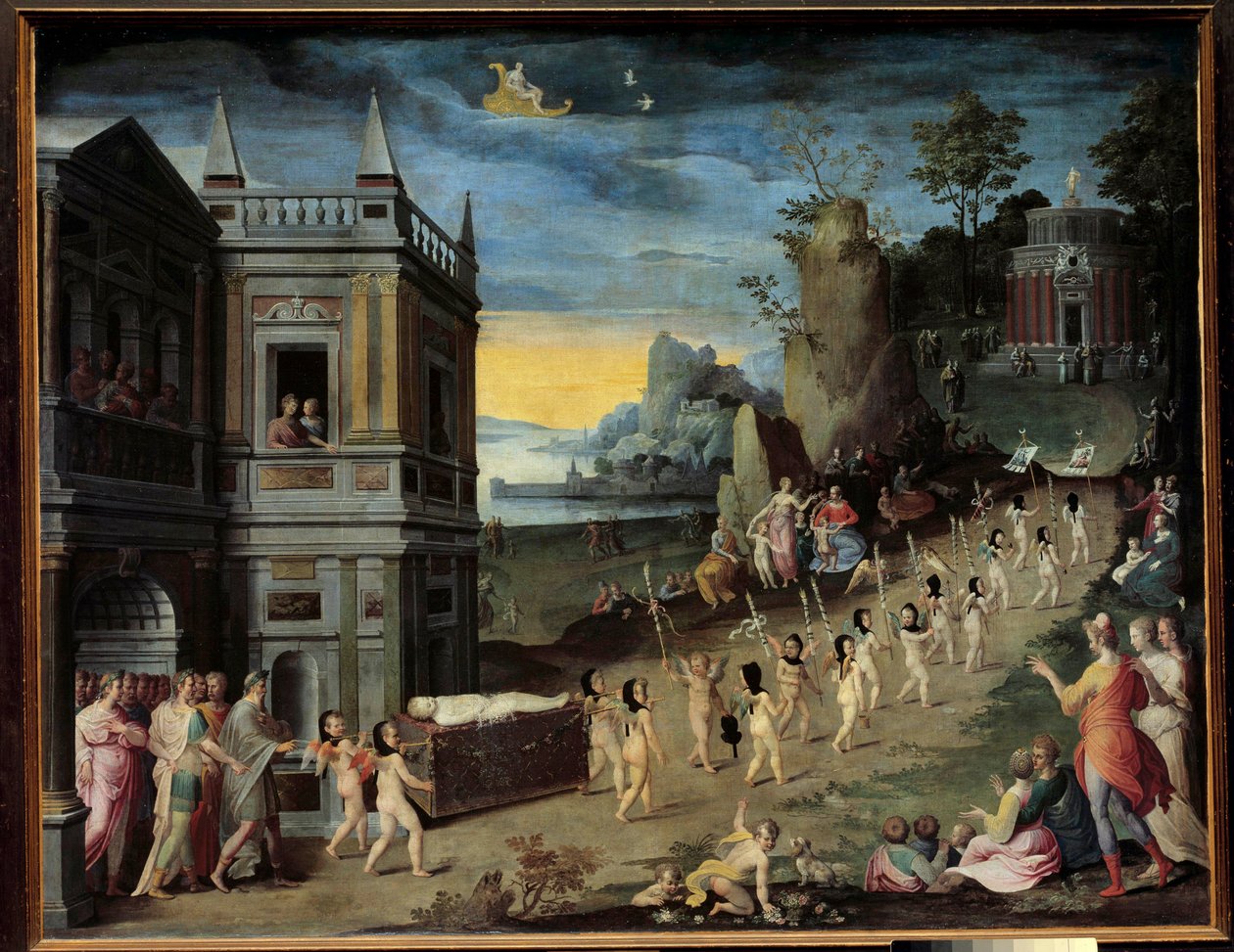Allegori: Kærlighedens begravelse Et begravelsesoptog, der bærer liget af Eros, er på vej mod Venus-templet. Maleri af Antoine Carons værksted (1521-1599) af Antoine (studio of) Caron