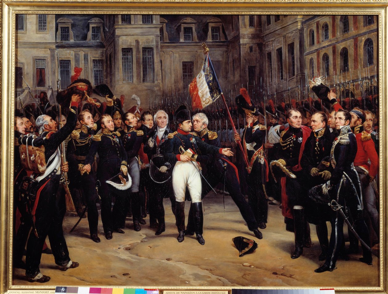 Abdikation af 1814 - "" Napoleon Bonapartes (1769-1821) farvel til den kejserlige vagt i gården til Cheval Blanc i Fontainebleau den 20/04/1814"" Maleri af Antoine Montfort (1802-1884) 1800-tallet søn. 0,98x1,3 m af Antoine Alphonse Montfort