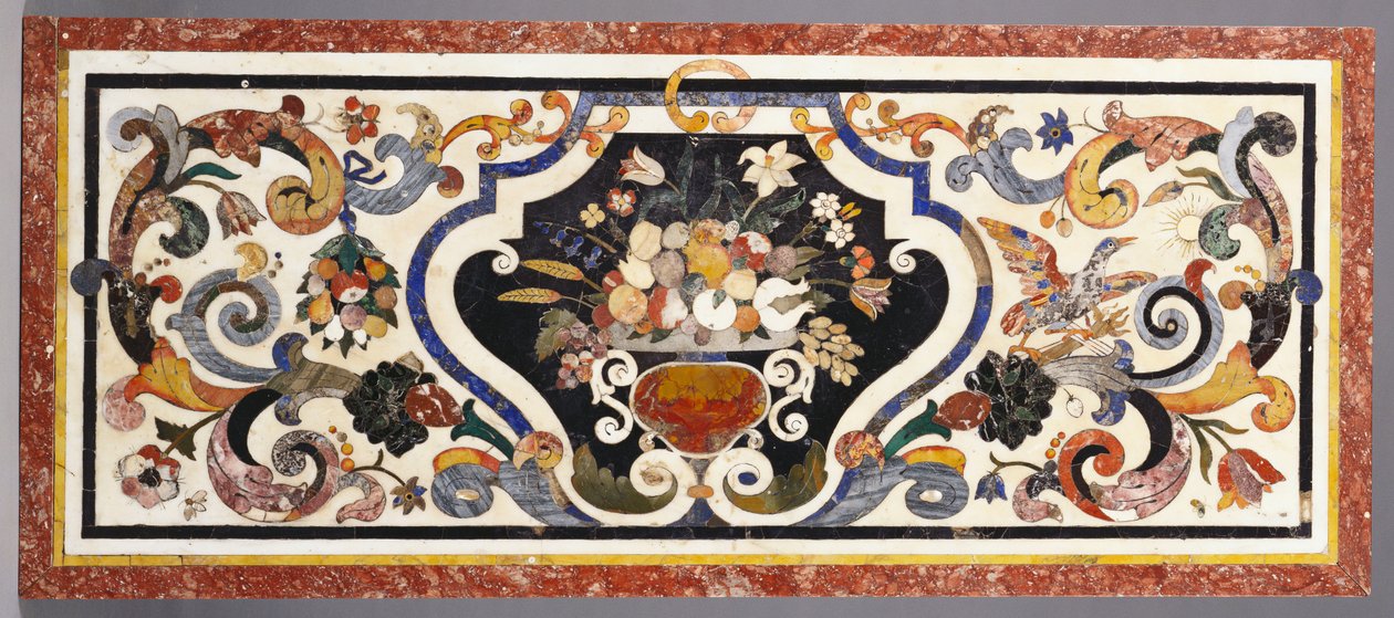En florentinsk pietra dura bordplade centreret af en skål med frugt og blomster af Antoine Auguste Ernest Herbert or Hebert