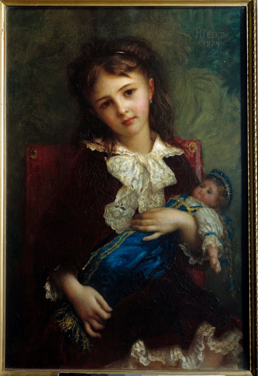 Portræt af Catherine de Bouchage enfant, der holder en dukke i arme, maleri af Ernest Hebert (1817-1908) af Antoine Auguste Ernest Herbert or Hebert