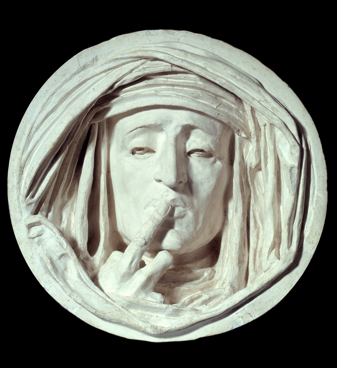 Silence En symbolsk gestus af en mand, der lægger en finger på hans mund. Gipsskulptur af Auguste Preault (1809-1879) Paris fra det 19. århundrede, Louvre-museet af Antoine Augustin Preault