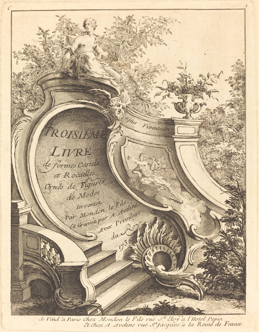 Tredje bog med formkarteller og rocailler (titelside) af Antoine Aveline after Jean Mondon