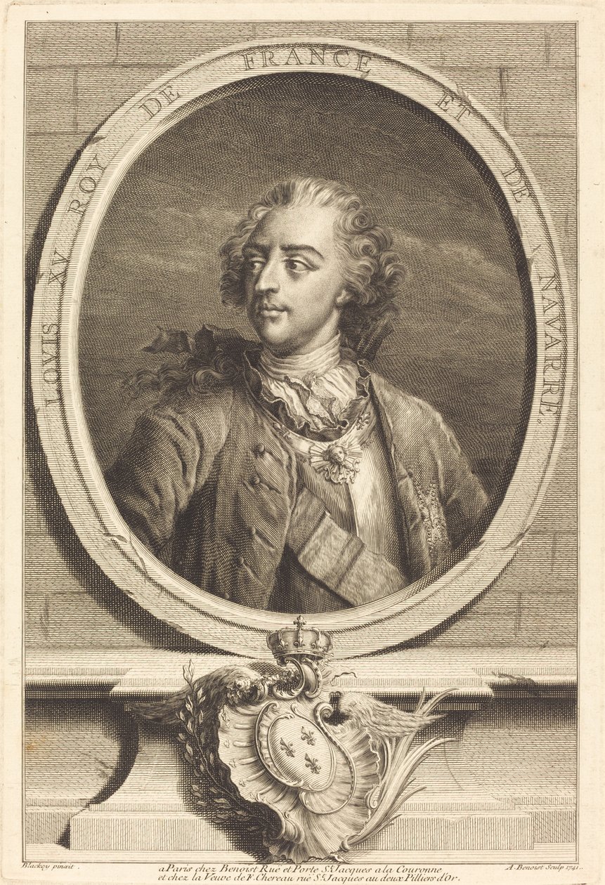 Ludvig XV, konge af Frankrig af Antoine Benoist after Jakob Christoffel Le Blon after Nicholas Blakey
