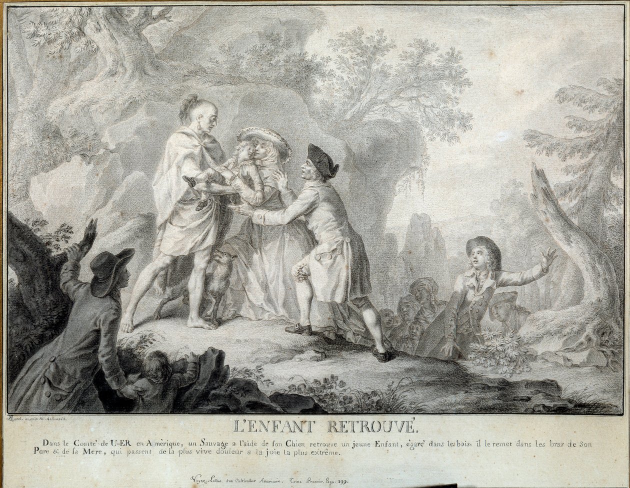 Barnet finder Illustration af "Breve fra en amerikansk landmand" af Saint John de Crevecoeur. Litografi af Antoine Borel (1743-1810) 1783 ca. Blerancourt. Musee Franco American af Antoine Borel
