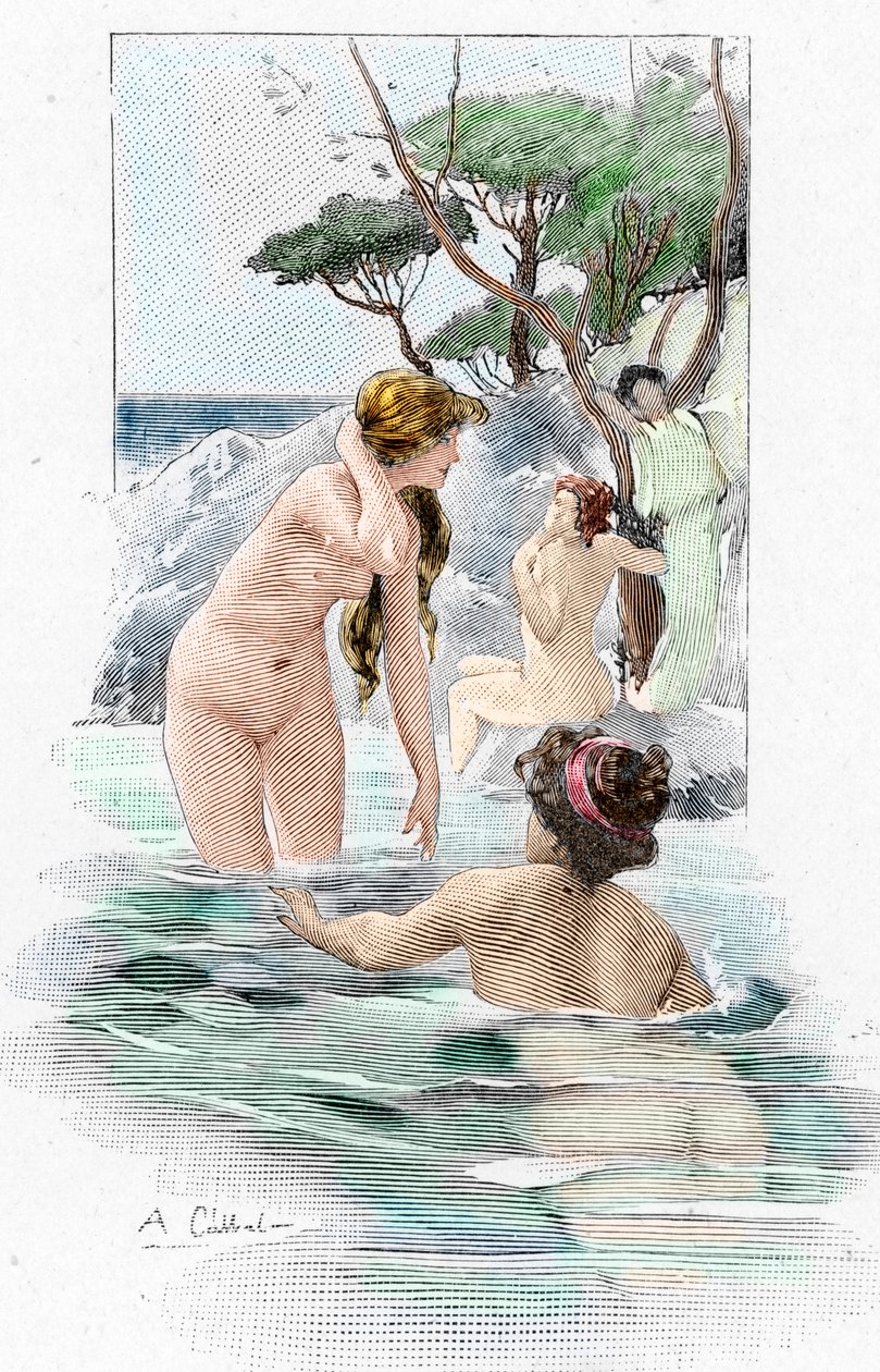 Odyssee af Homere: "Nausicaa, datter af kong Alcinous, og hendes tjenerinder vasker deres tøj i floden" Illustration af Antoine Calbet (1860-1944) til "The odyssee" af den græske digter Homere (Odyssey af Homer) 1897 Privat samling af Antoine Calbet