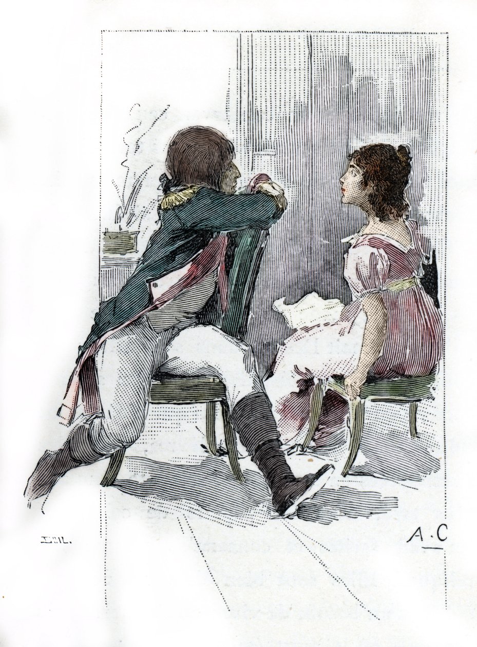 Portræt af Napoleon Bonaparte (1769-1821) med sin forlovede Desiree Clary (1777-1860) ca. April 1795 (Portræt af Desiree Clary på tidspunktet for hendes forlovelse med Napoleon Bonaparte, april 1795) Tegning af Antoine Calbet henter fra "Napoleon et les fe af Antoine Calbet