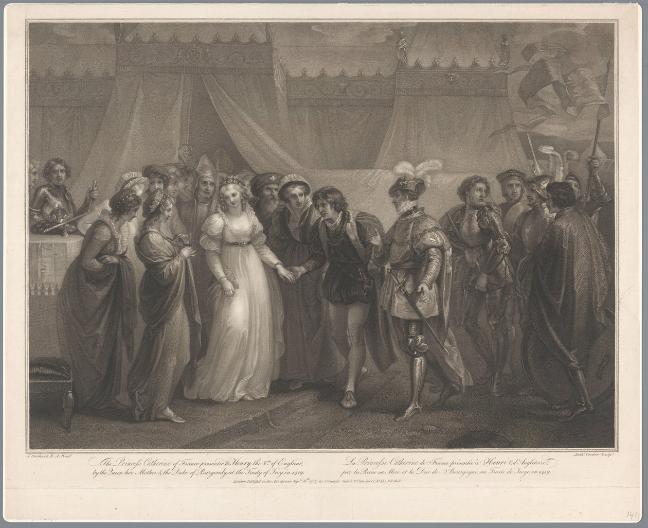 Catherine van Valois og konge Hendrik V van Engeland, 1420 Prinsessen Catherine af Frankrig præsenterede for Henrik den 5. af England (...) i 1419 / La Princesse Catherine de France (...) (titel på objektet) af Antoine Cardon