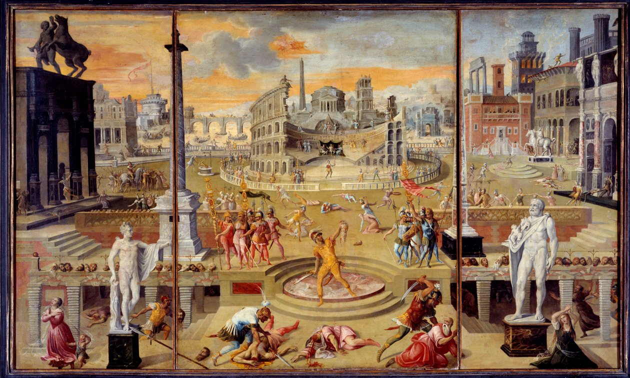 Massakrerne på triumviratet: dette er massakren af den republikanske opposition, den fandt sted i Rom i 43 f.Kr. af Triumviratet af Octavius Cesar (Augustus), Antoine og Lepides. Maleri af Antoine Caron (1521-1599). 1566. Søn. 1,16x1,95 m Paris. L af Antoine Caron