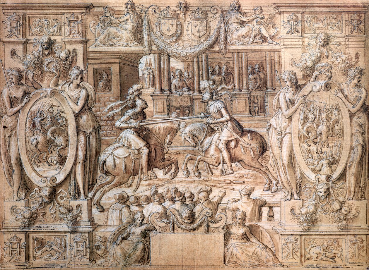 Turnering i anledning af ægteskabet mellem Catherine de Medici (1519-89) og Henri II (1519-59) i 1533 (pen og ind på papir) af Antoine Caron
