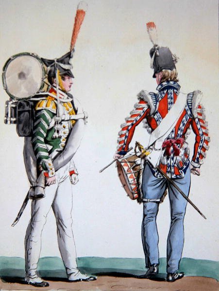 Engelske og russiske trommeslagere (litho) af Antoine Charles Horace Vernet