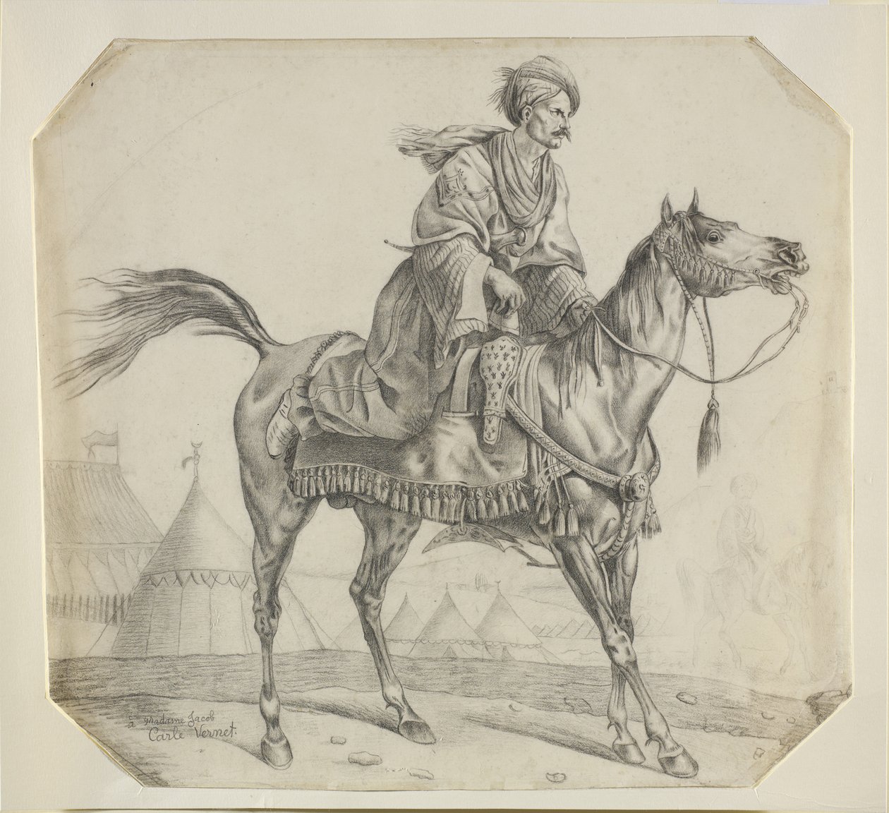 En mameluke, der sætter op på sin hest (sort kridt på papir) af Antoine Charles Horace Vernet