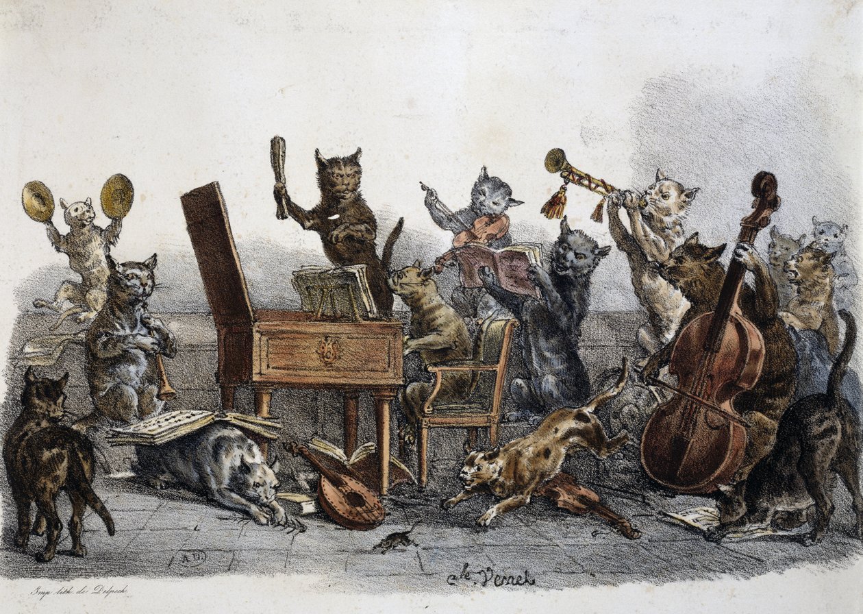 En amatørkoncert, karikatur af katte, der spiller musikinstrumenter, gravering af Carle Vernet (1758-1836), Frankrig af Antoine Charles Horace Vernet