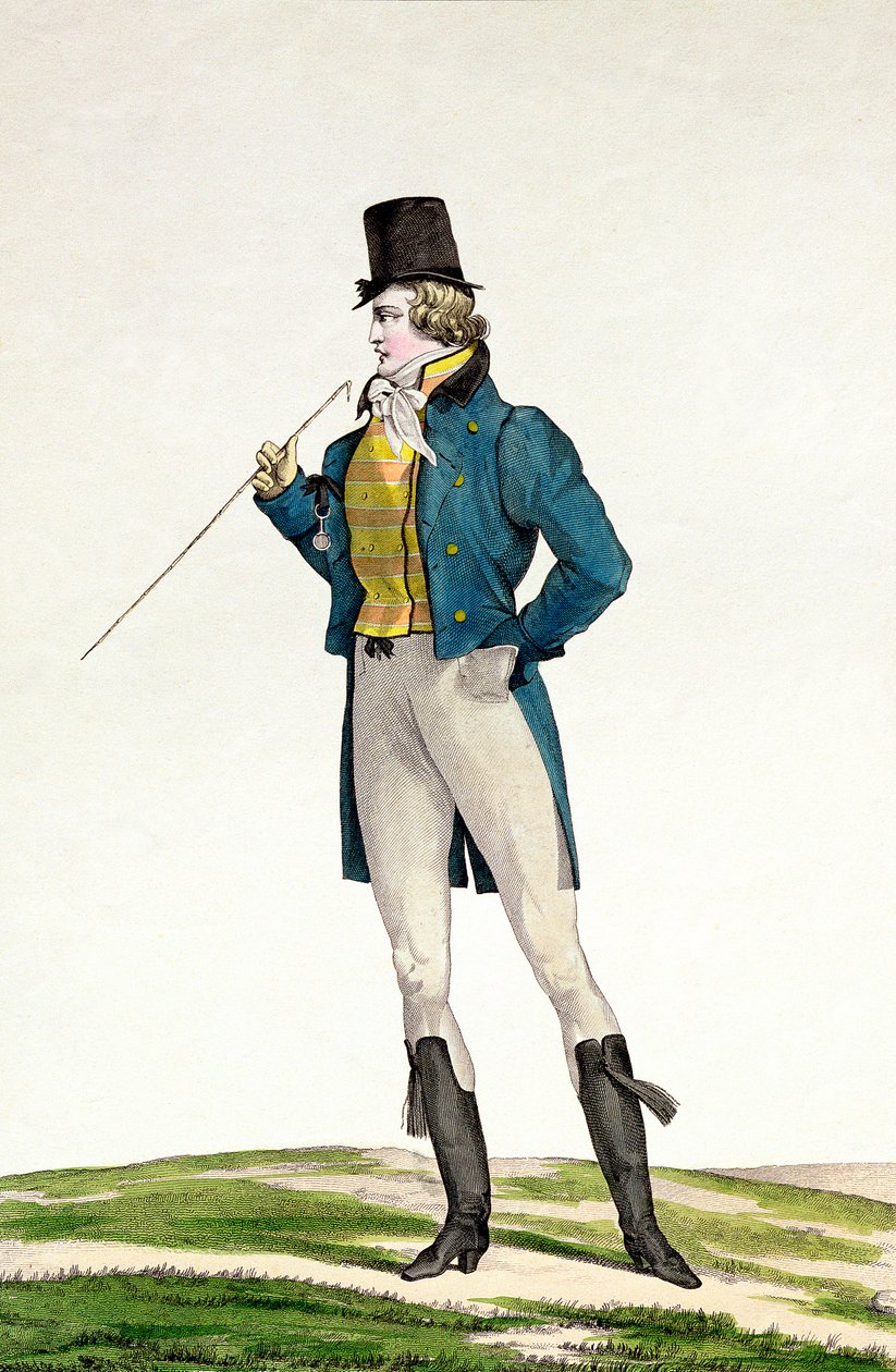 En dandy i en Robinson-hat, med barnlige krøller, strikbukser og ridestøvler, plade 5 i Incroyable et merveilleuse-serien af modeplader, indgraveret af Georges Jacques Gatine (1773-1831) af Antoine Charles Horace Vernet