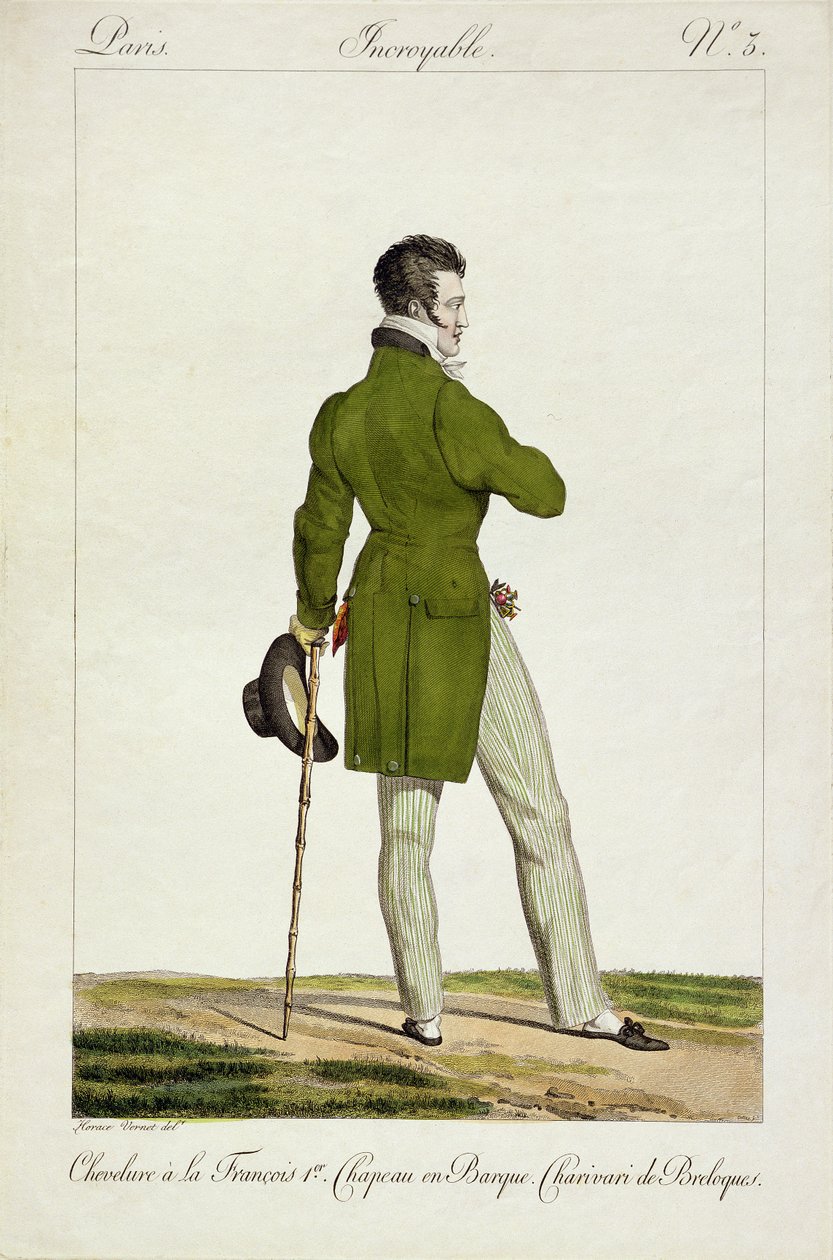En dandy med en frisure som "Francois I" og en samling af charms og nipsgenstande, plade 3 i serien "Incroyable et merveilleuses" af modeplader, graveret af Georges Jacques Gatine (1773-1831) pub af Antoine Charles Horace Vernet
