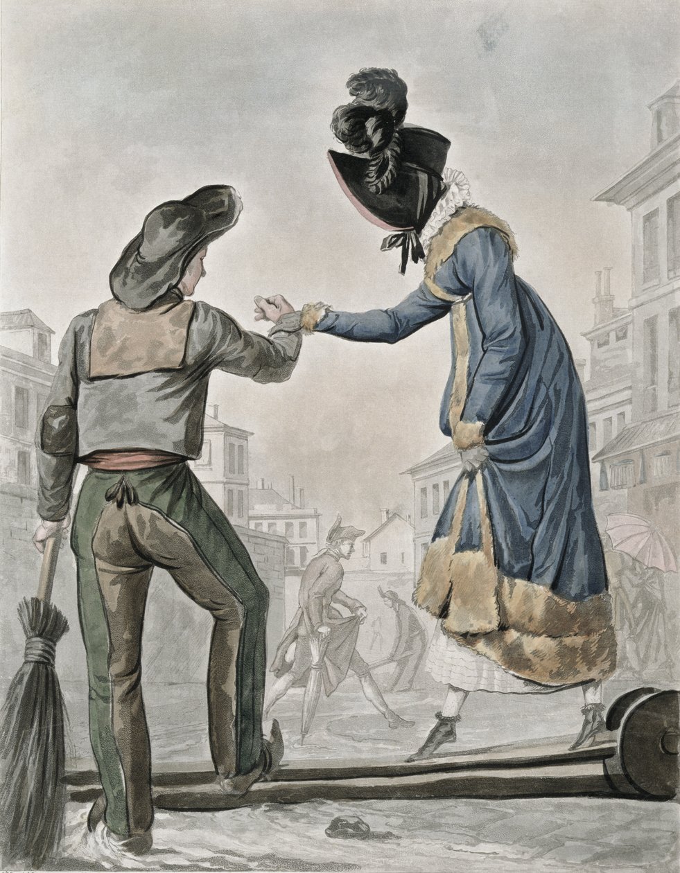 En kvinde betaler en gadefejer for at krydse en landgangsbro over en beskidt gade af Antoine Charles Horace Vernet