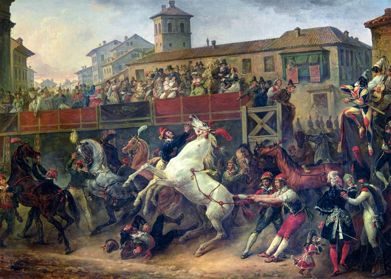 Scene af et umonteret hestevæddeløb i Rom af Antoine Charles Horace Vernet