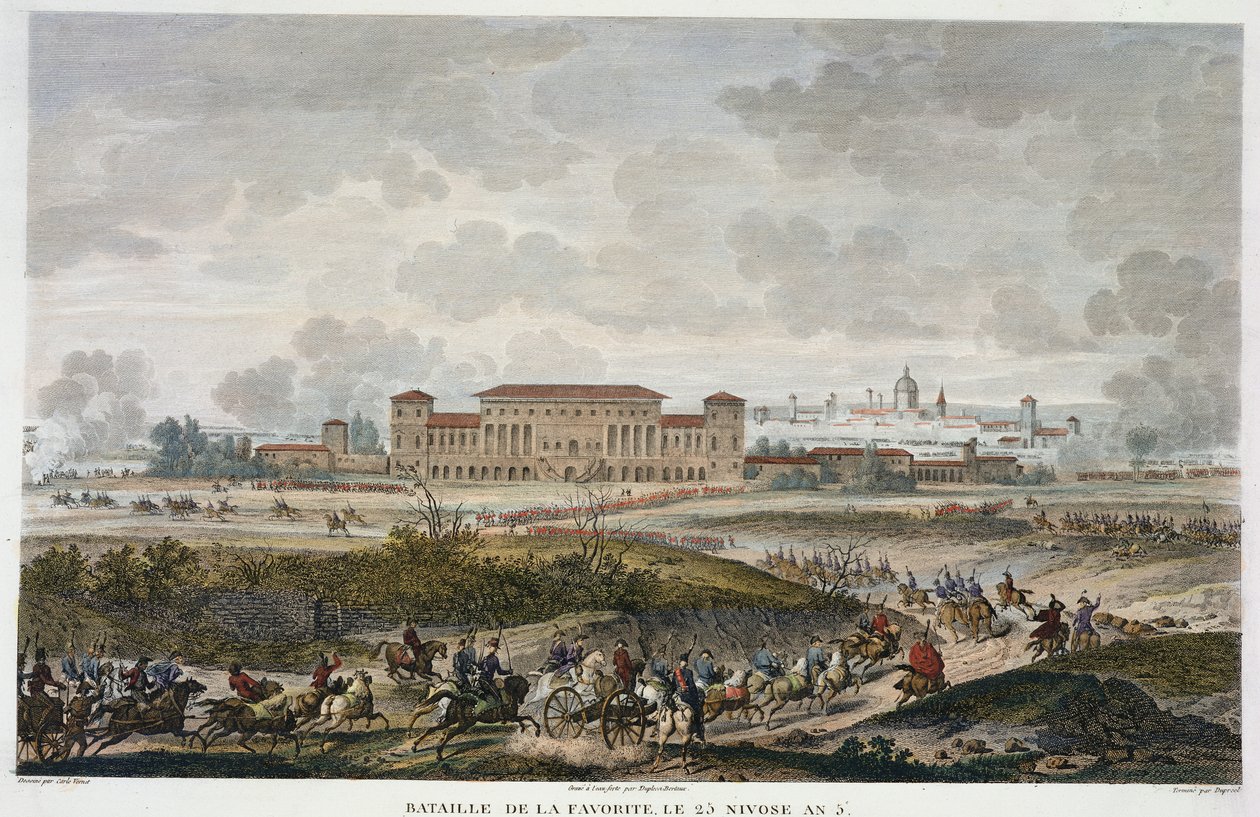 Slaget ved La Favorite, 25 Nivose, år 5 (januar 1797), graveret af Jean Duplessi-Bertaux (1747-1819) (akvaratint) af Antoine Charles Horace Vernet