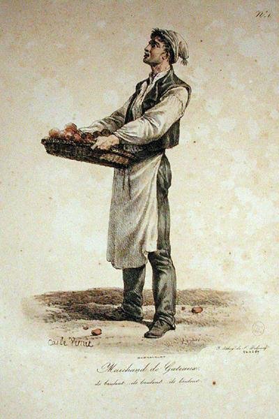 Kagesælgeren, nummer 1 fra serien The Cries of Paris, graveret af Francois Seraphin Delpech (1778-1825) af Antoine Charles Horace Vernet