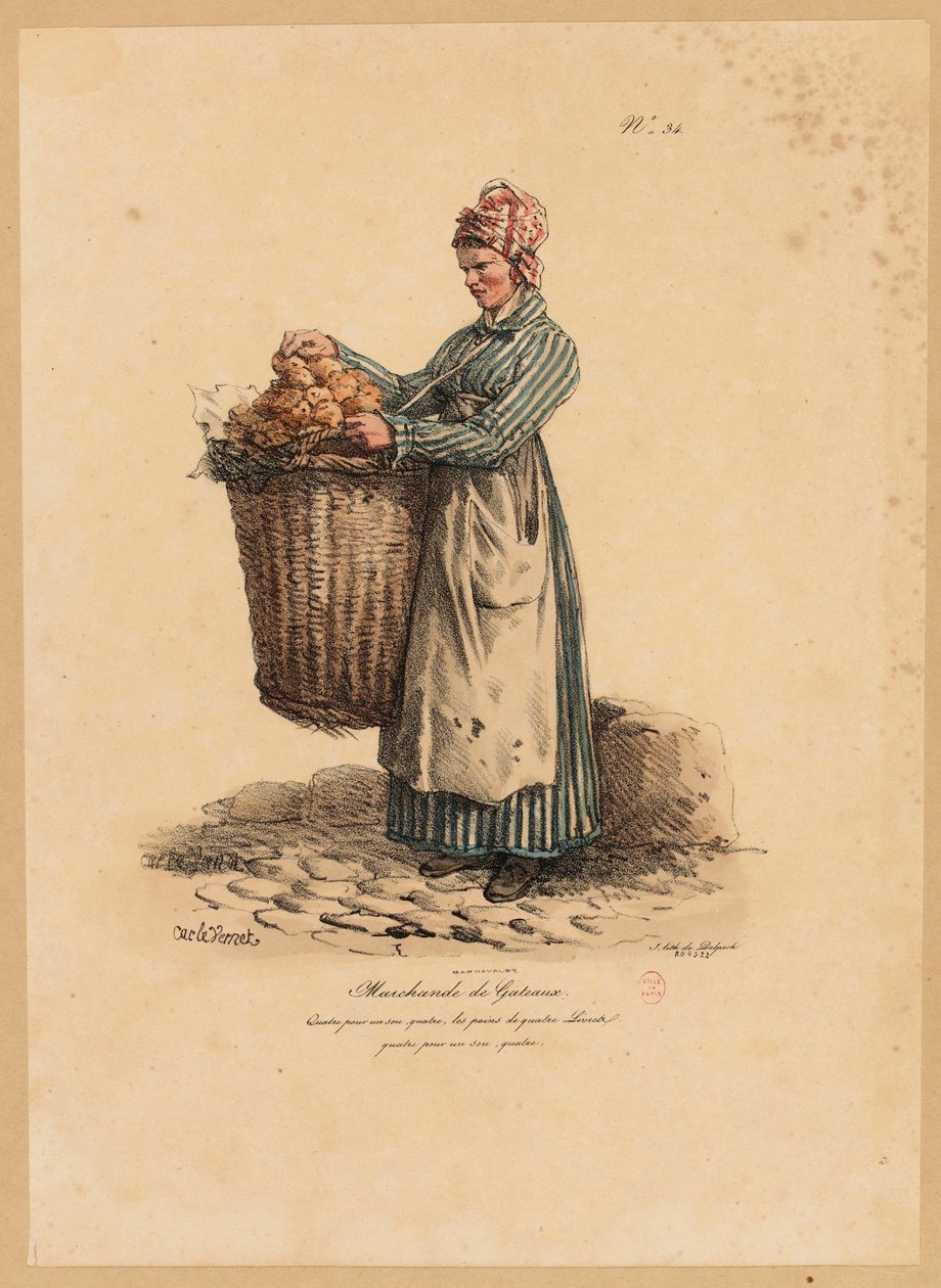 Kagesælgeren, nummer 34 fra serien The Cries of Paris, graveret af Francois Seraphin Delpech (1778-1825) af Antoine Charles Horace Vernet