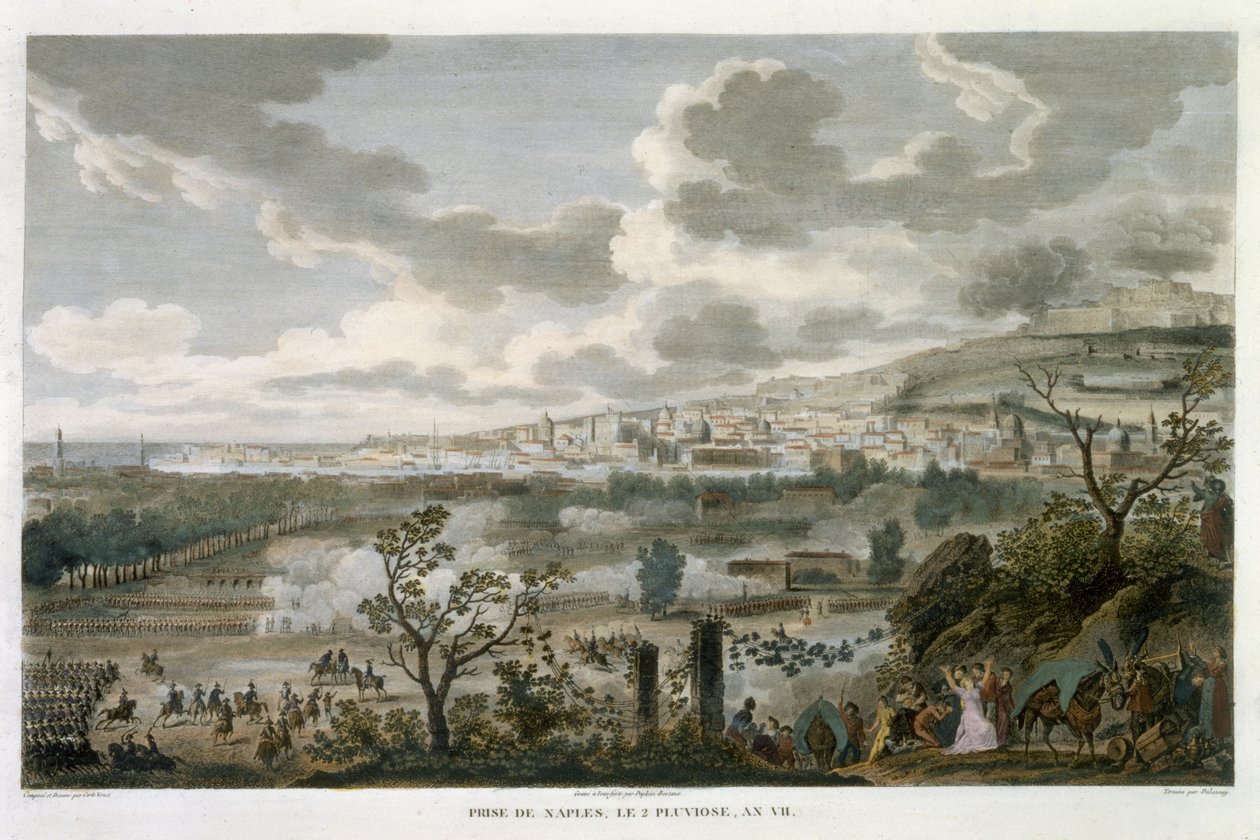 Capture of Napoli, 2 Pluviose, år 7 (23. januar 1799) indgraveret af Jean Duplessi-Bertaux (1747-1819) (akvatint) af Antoine Charles Horace Vernet