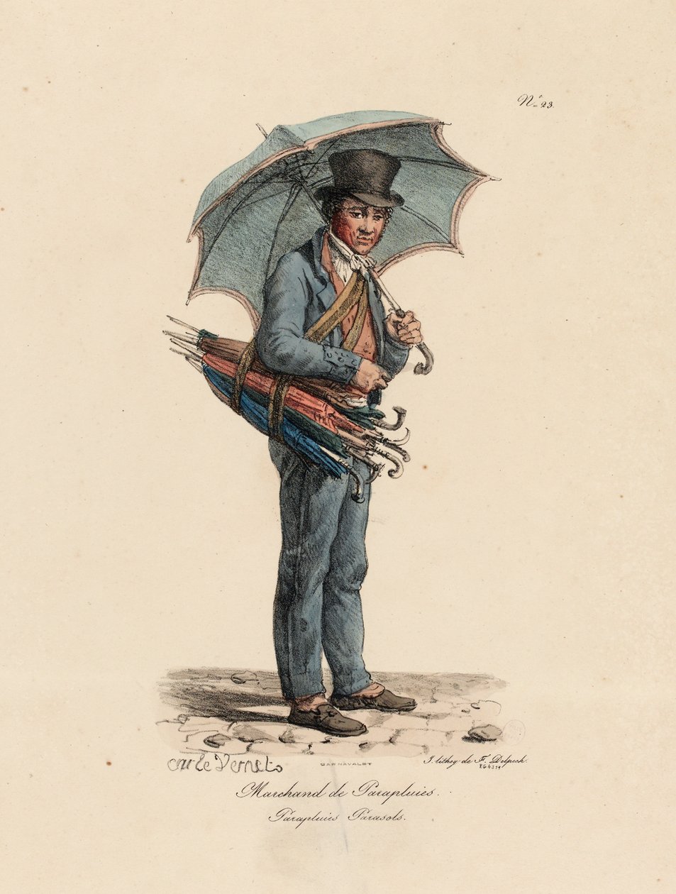 Sælgeren af paraply og parasol, nummer 23 fra serien The Cries of Paris, graveret af Francois Seraphin Delpech (1778-1825) af Antoine Charles Horace Vernet