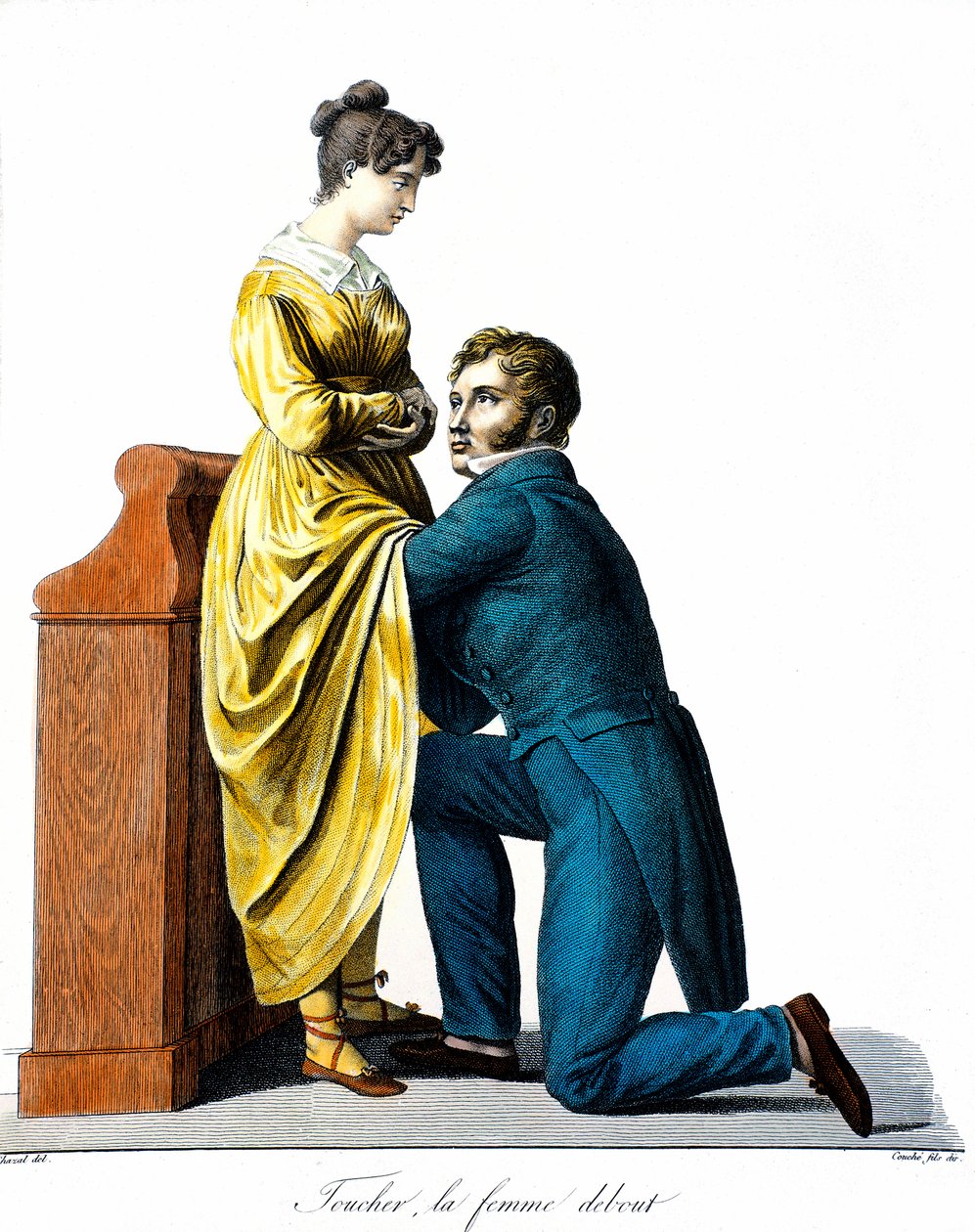 At røre ved en stående kvinde: En patient konsulterer en læge, som auskulterer hende under kjolen. Stik af Chazal (1800-tallet). Paris, Medicinakademiet af Antoine Chazal