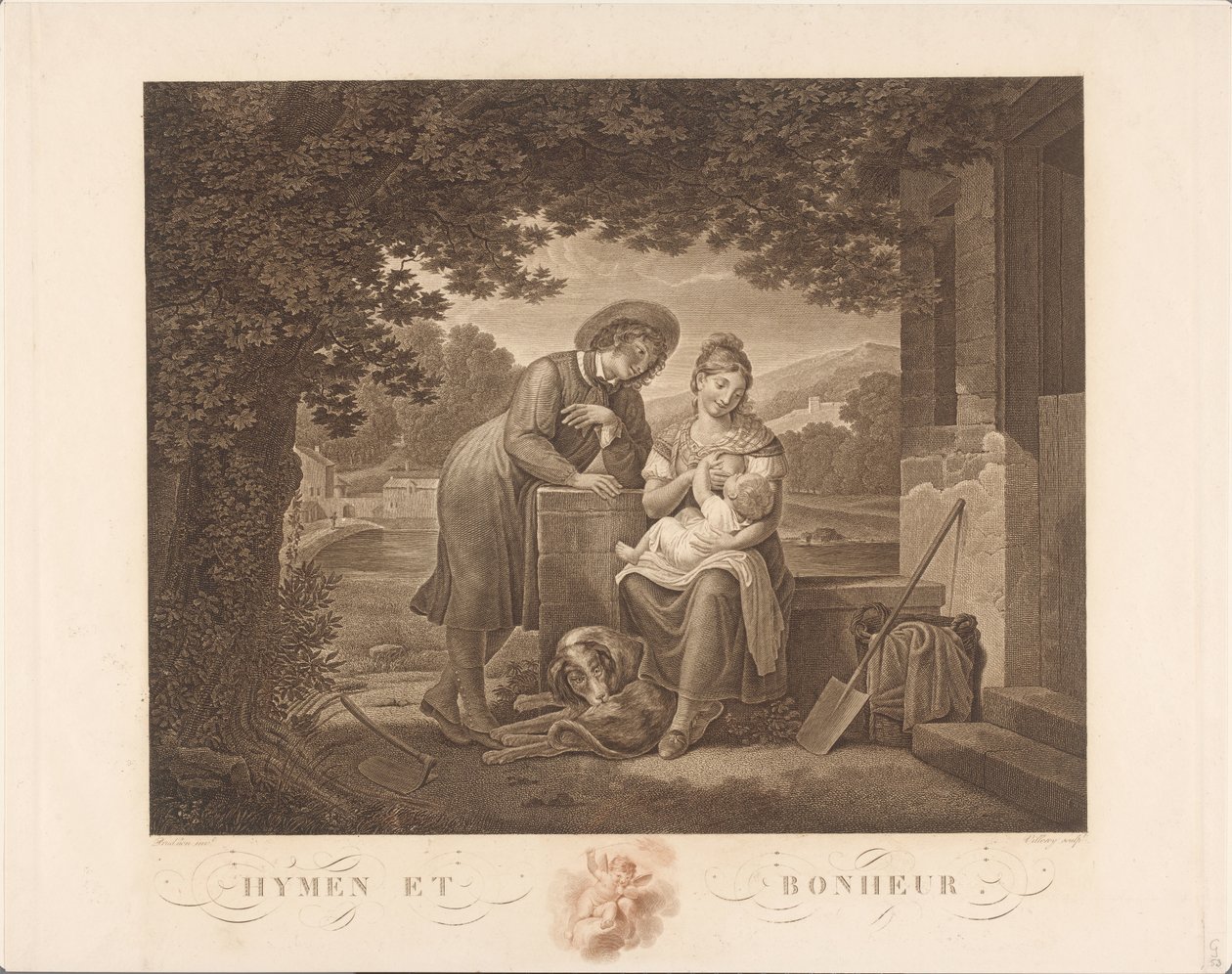 Ung familie med hund Hymen et Bonheur (titel på objekt) af Antoine Claude François Villerey