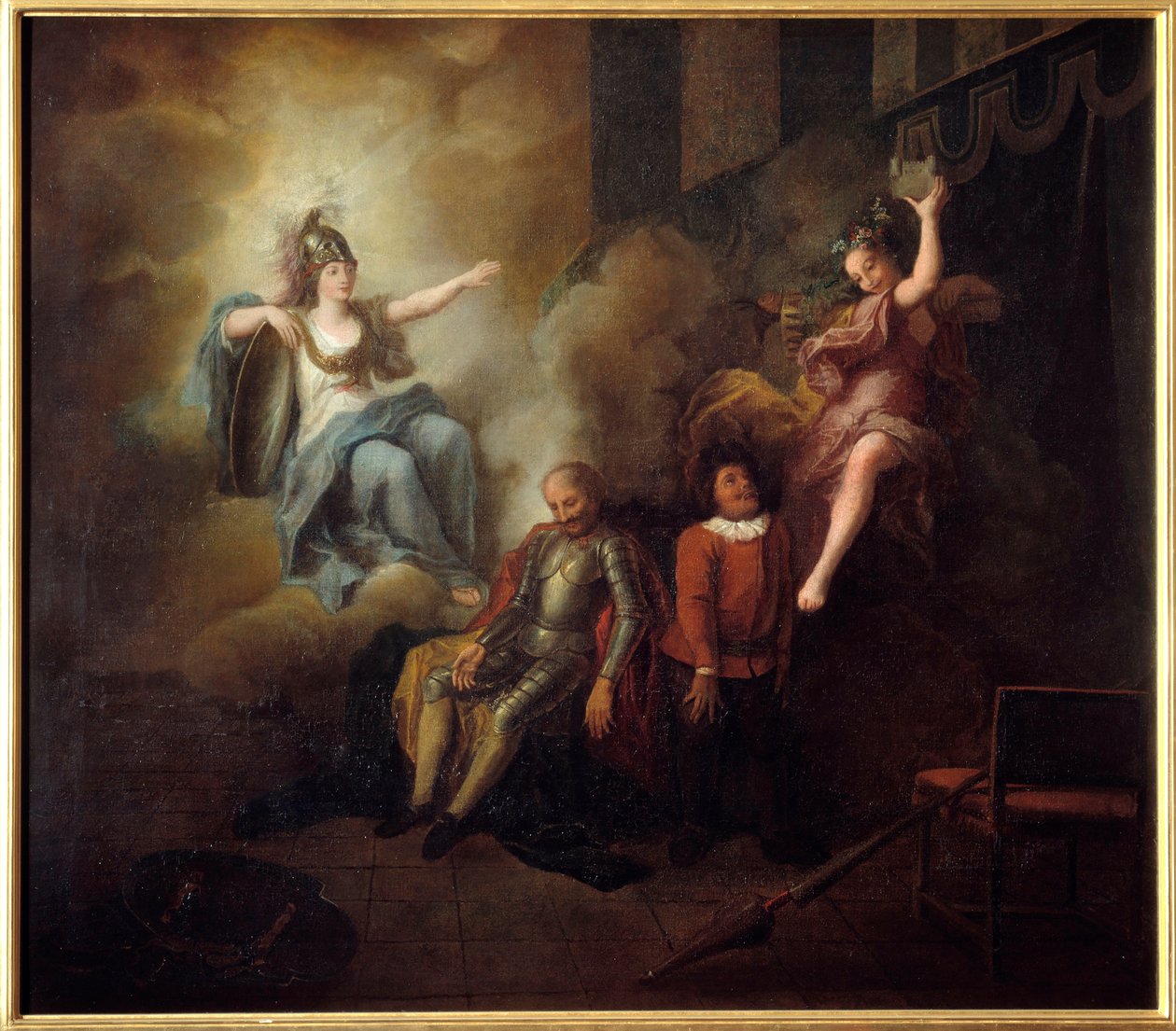 Don Quijote glæder sig over sin vanvid gennem visdom. "Den geniale gentleman Don Quixote fra La Mancha" af Miguel de Cervantes Saavedra (1547-1616). Maleri af Charles Antoine Coypel (1694-1752), mellem 1714 og 1734. Olie på lærred. Mål: 1,24 x 1,42 m. Comp af Antoine Coypel