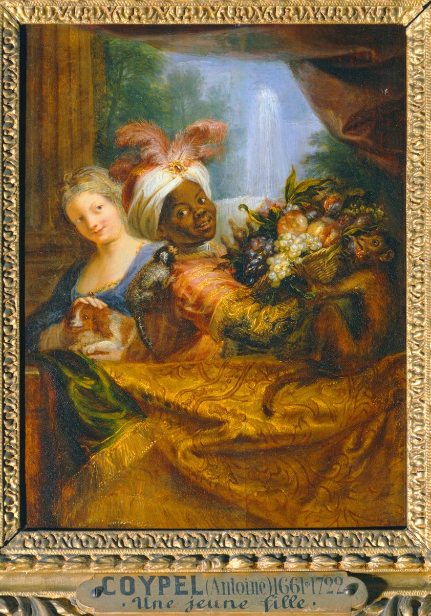 Ung sort pige holder en frugtkurv, og ung pige kærtegner en hund - Jeune noir tenant une corbeille de fruits et jeune fille caressant un chien ... af Antoine Coypel