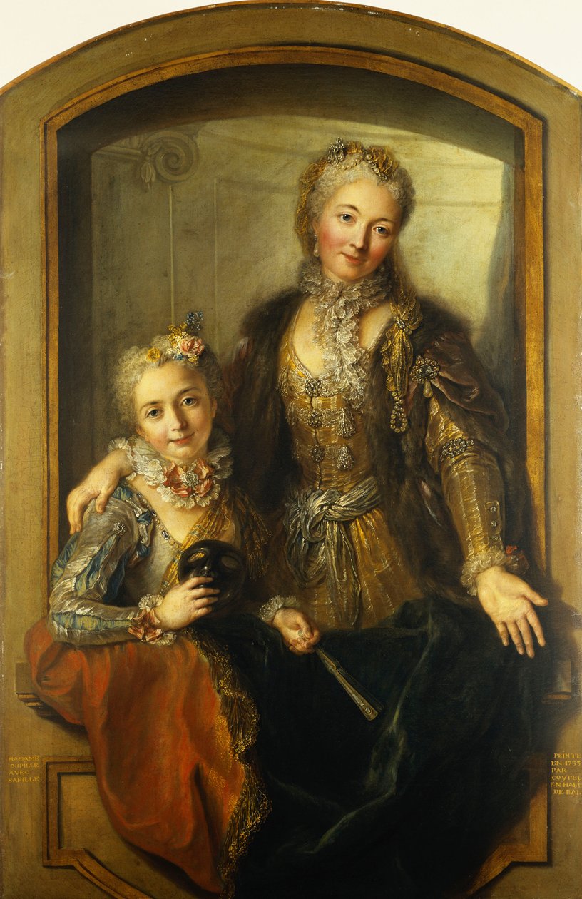 Portræt af Madame Dupille og hendes datter, midt på kroppen, klædt i balkjoler i et vindue, 1733 af Antoine Coypel