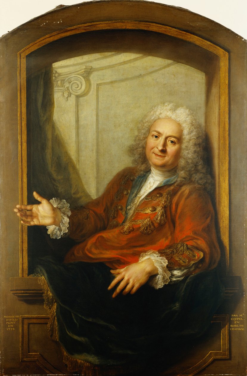 Portræt af Monsieur Dupille, midt på kroppen, i en kappe, der sidder på kanten af et vindue, 1733 af Antoine Coypel