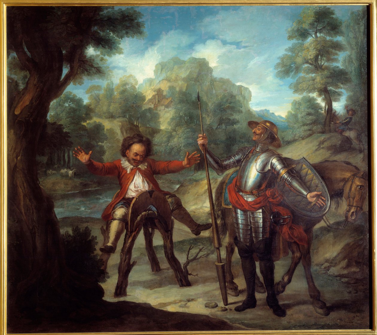 Historien om Don Quixote: Sancho vågner op og er desperat efter ikke at finde sin elskede Grison. "Den geniale gentleman Don Quixote fra La Mancha" af Miguel de Cervantes Saavedra (1547-1616). Maleri af Charles Antoine Coypel (1694-1752) af Antoine Coypel