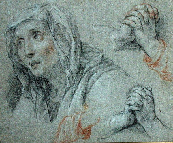 Studier til Jomfruens figur, ca. 1700 (sort og rødt kridt forhøjet med hvidt på papir) af Antoine Coypel