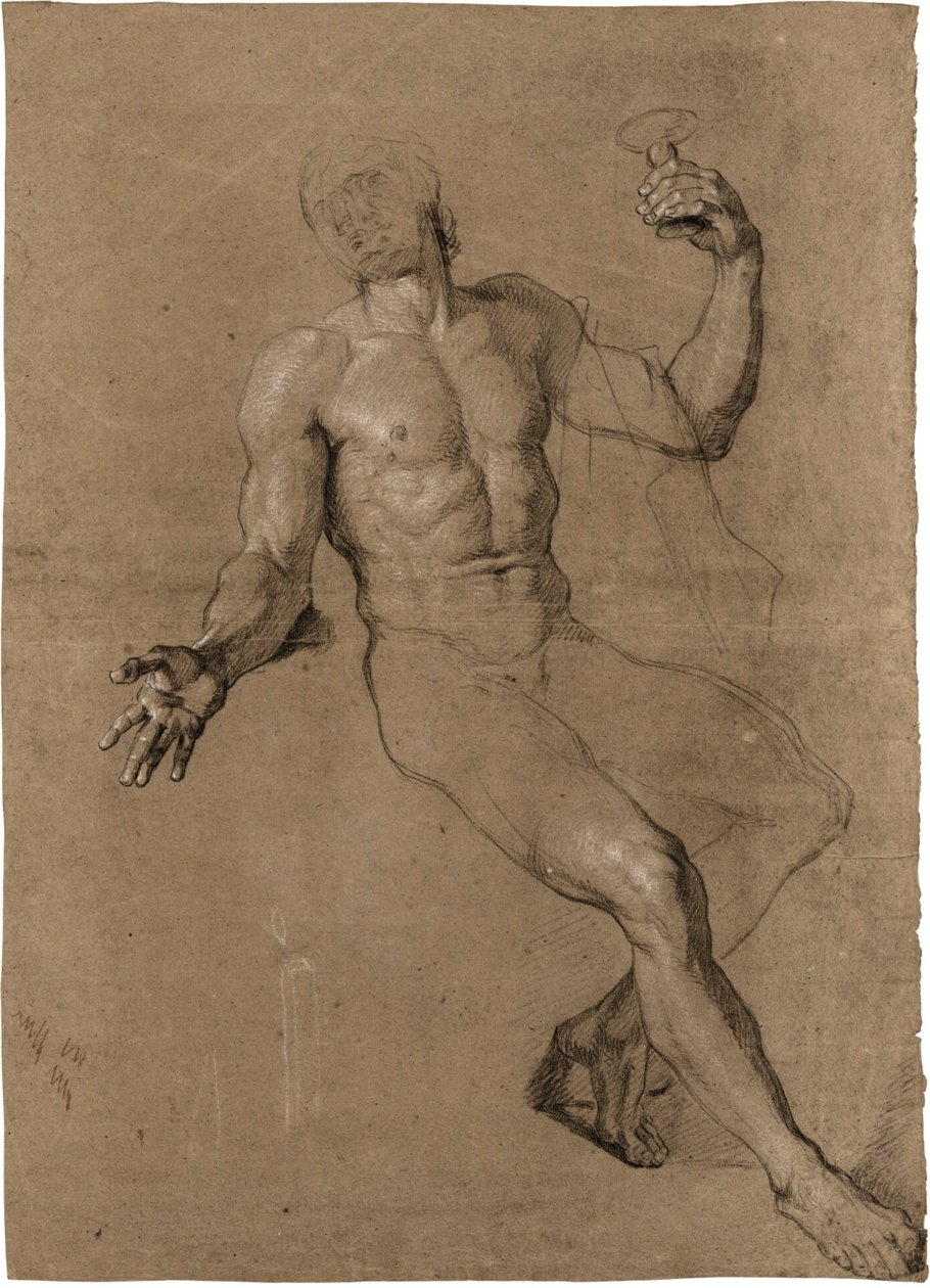 Studie af en siddende mandlig nøgenmodel, til Bacchus af Antoine Coypel