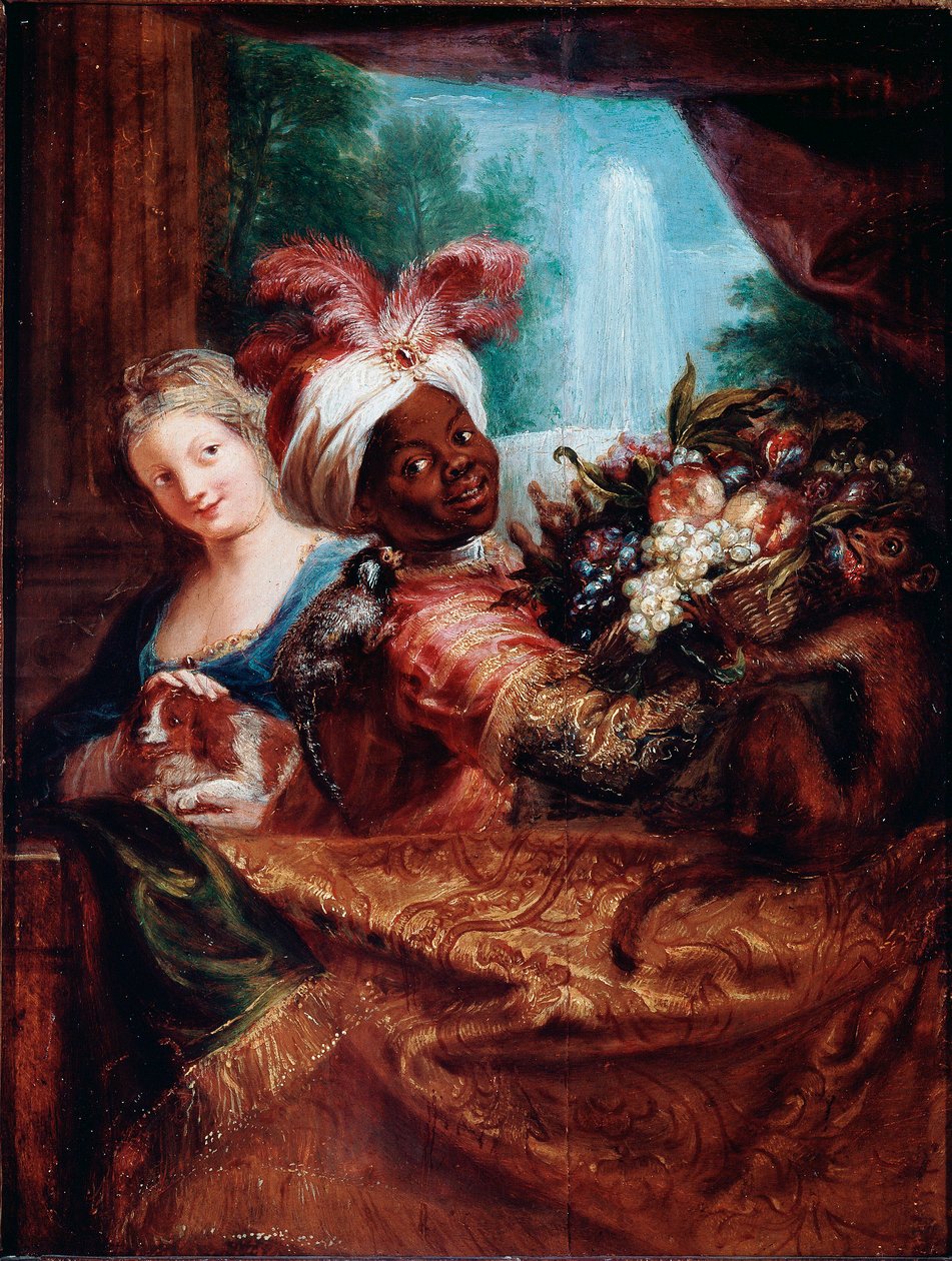 Ung pige stryger en hund og sort tjener præsenterer en kurv med frugt En lille abe ligger på hendes skulder. Maleri af Antoine Coypel (1661-1722) søn. 28x21,5 cm Paris, Musée du Louvre af Antoine Coypel