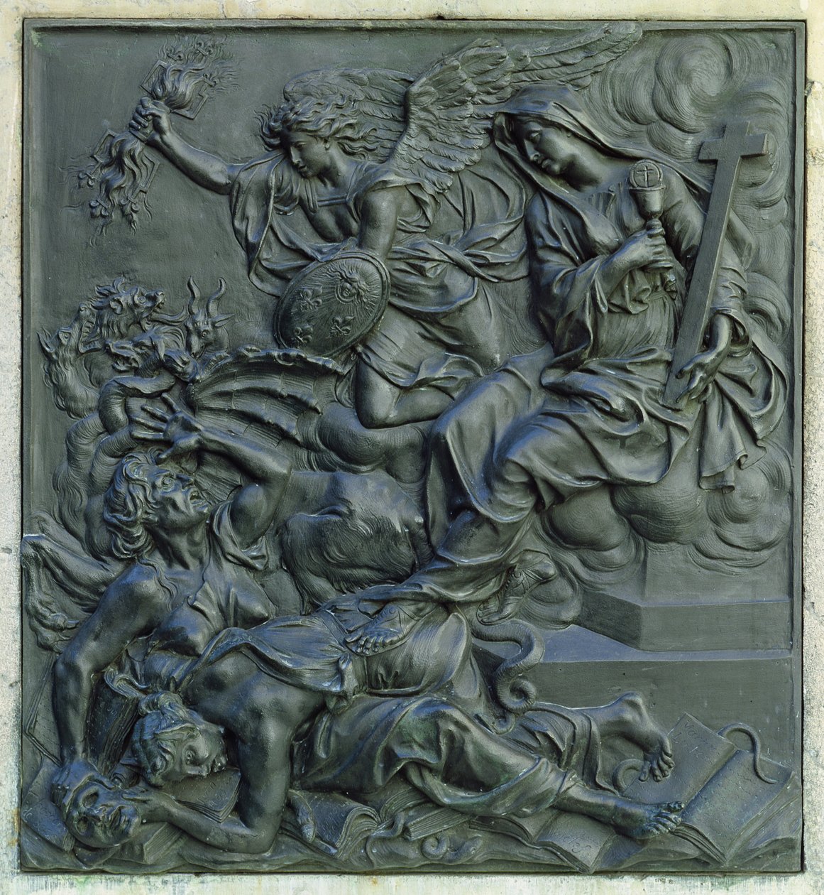 The Angel of France Exelling the Heretics, detalje fra piedestalen af en statue af Louis XIV, ca. 1687 (bronze) af Antoine Coysevox