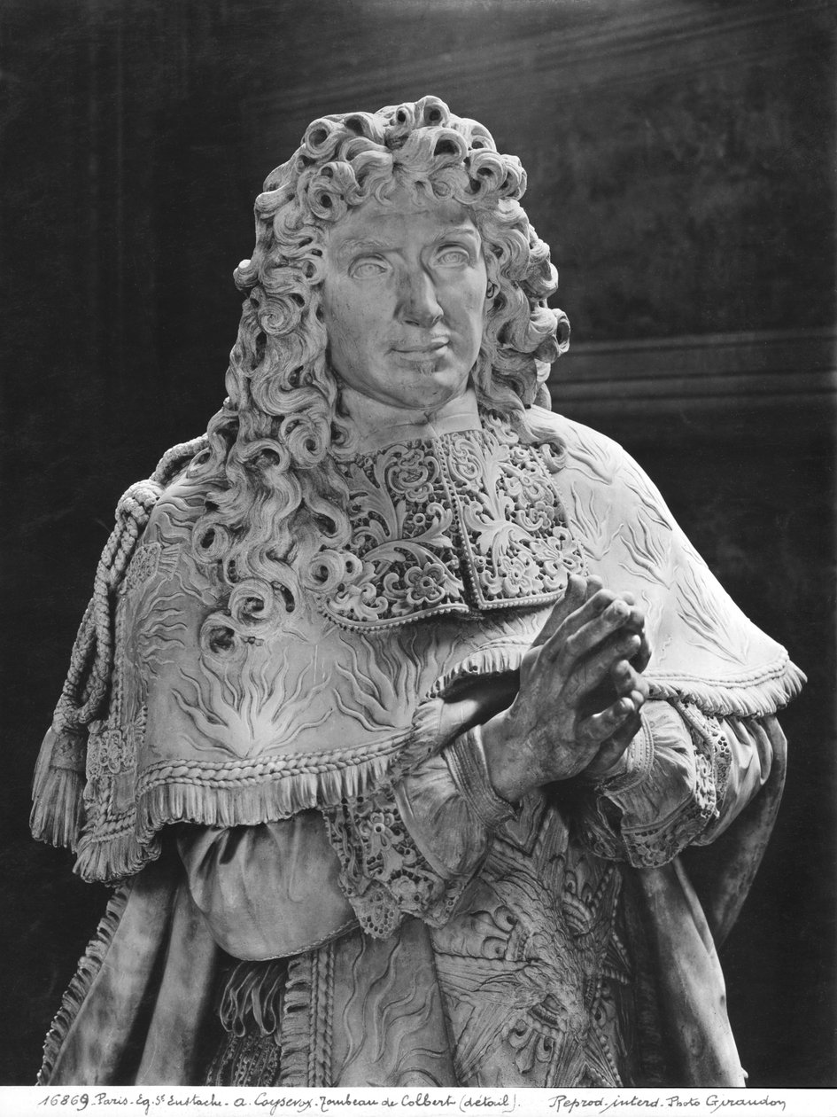 Grav af Jean-Baptiste Colbert de Torcy 1619-83, detalje af Colbert, ca. 1685-1687 marmor og forgyldt bronze se også 248118, 248119, 248120, 252767, 252769 bw foto af Antoine Coysevox