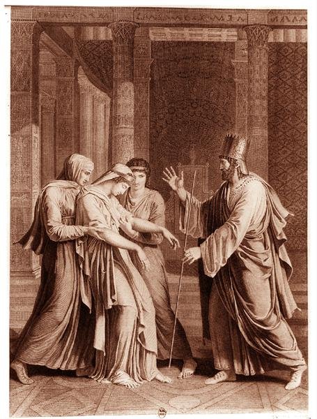 Esther foran Assuerus, illustration fra 