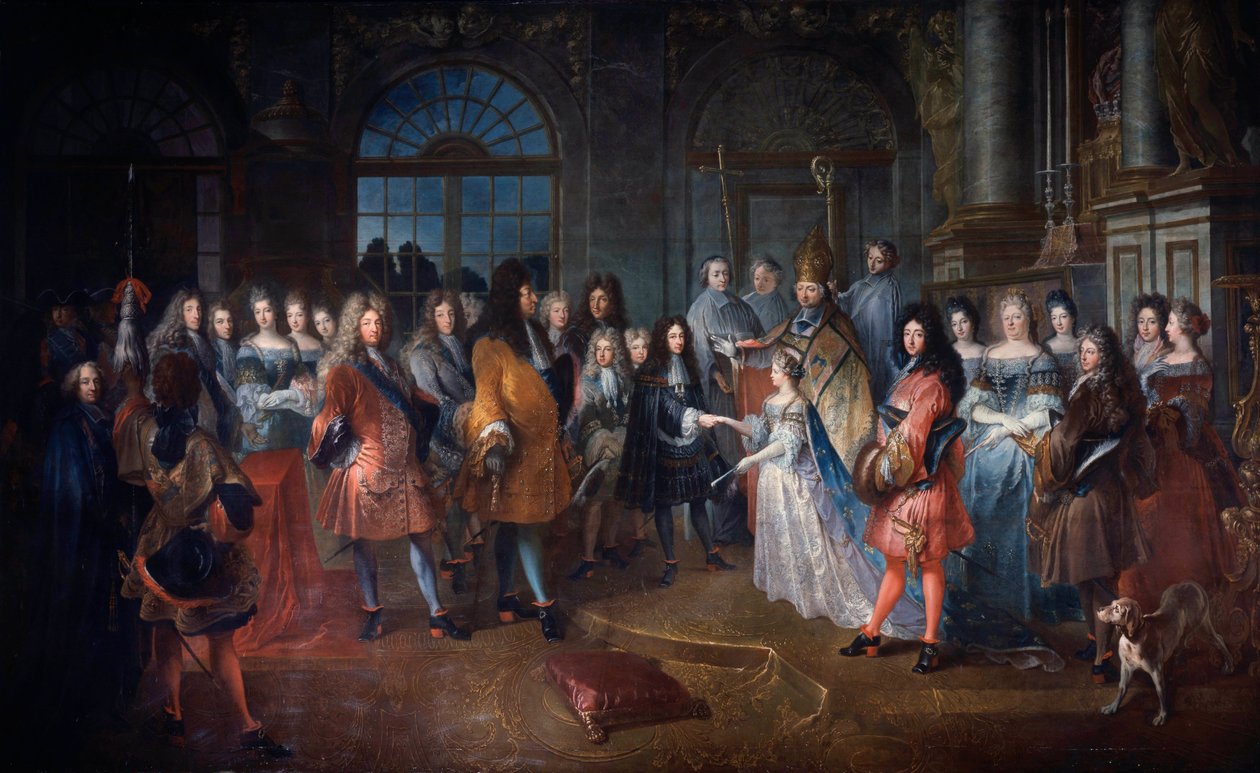 Ægteskab mellem Louis de France, hertugen af Bourgogne og Marie Adelaide af Savoyen den 7/12/1697 Ceremonien finder sted i nærværelse af kong Ludvig XIV (1638-1715) i midten. De unge, der gifter sig, bliver velsignet af kardinal de Coislin. Maleri af Antoi af Antoine Dieu