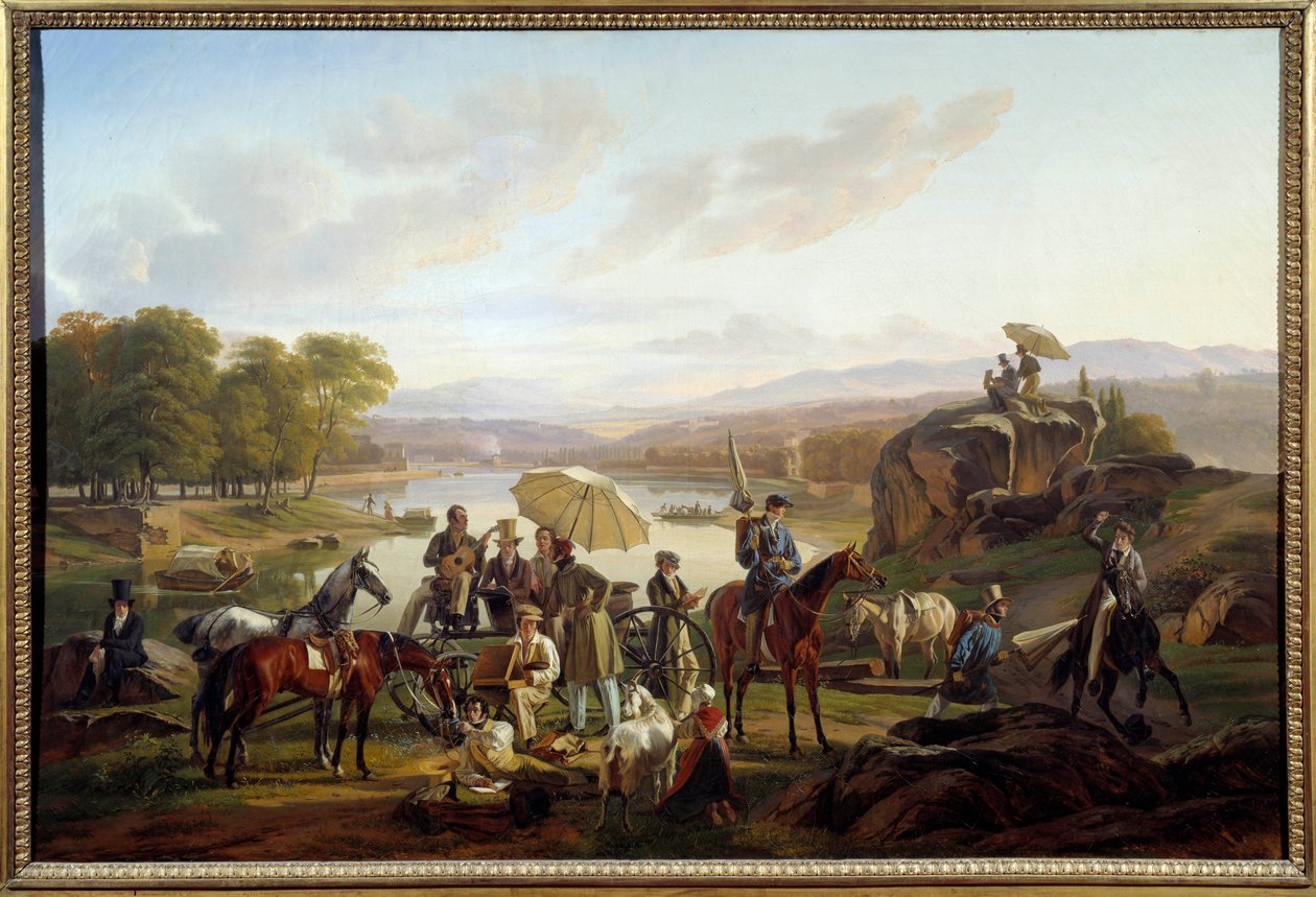 Stop for Lyon-kunstnere på Barbe Island i Lyon Malere og musikere hviler sig under en ridetur. Maleri af Antoine Duclaux (1783-1868) 1824 søn. 0,86x1,31 m Lyon, Musee des Beaux Arts af Antoine Duclaux